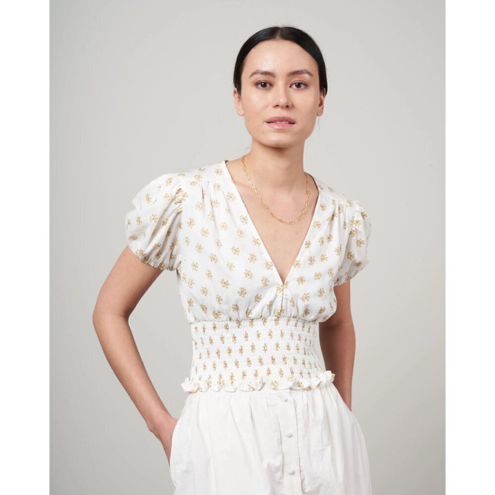 Faithfull the Brand White Ditsy Floral Smocked V Neck Cropped Top Women Small